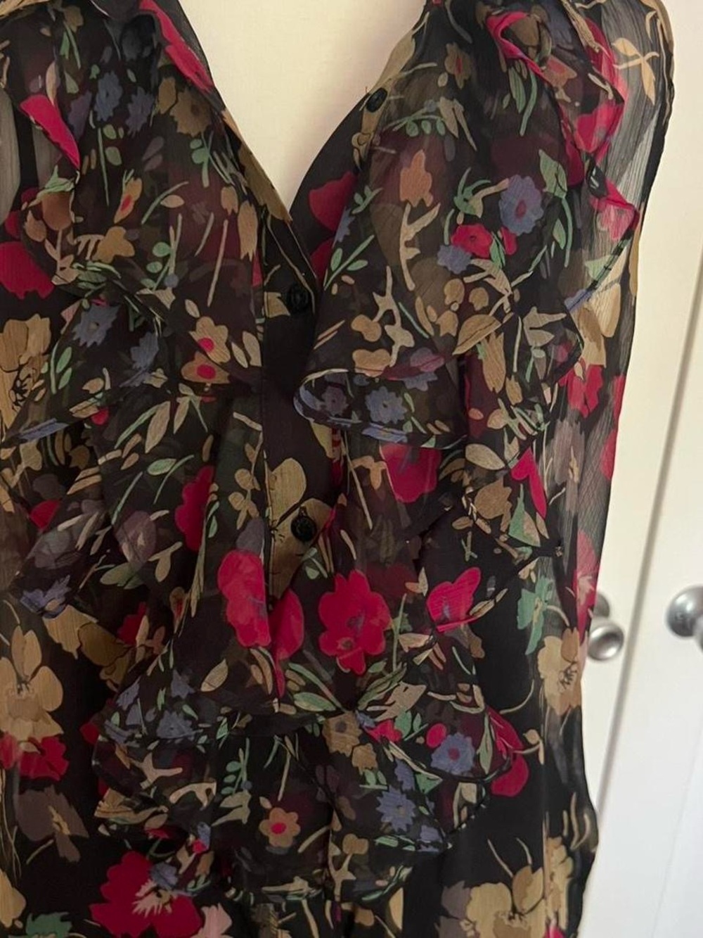 Ralph Lauren Black Sheer Floral Ruffle Blouse